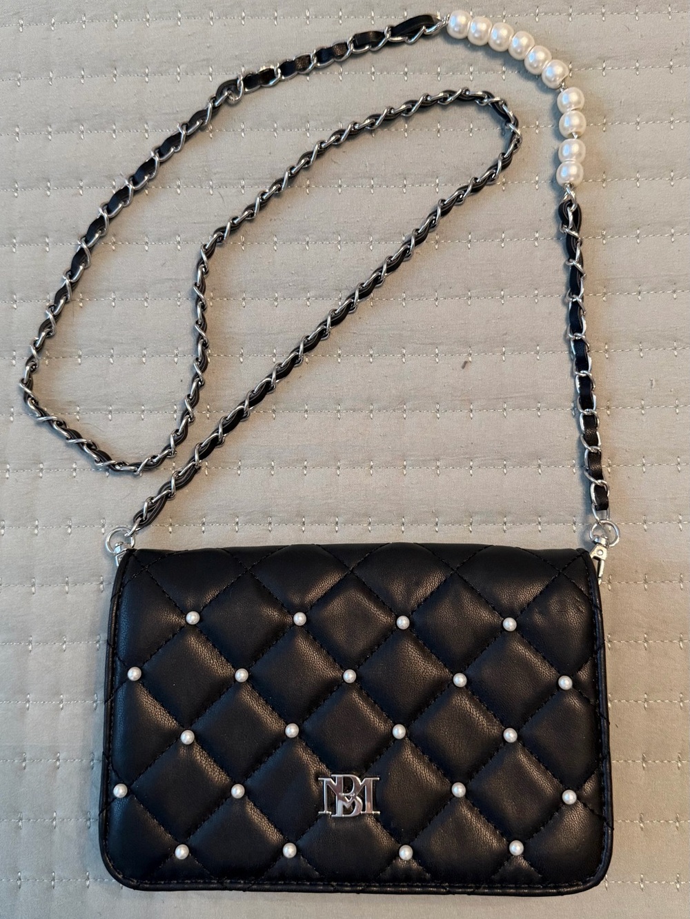 Badgley Mischka Black Quilted Pearl-Embellished Crossbody Bag